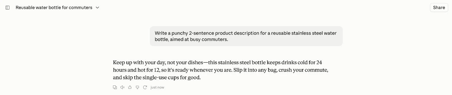 Claude AI chat interface generating a long-form product description from a short brief
