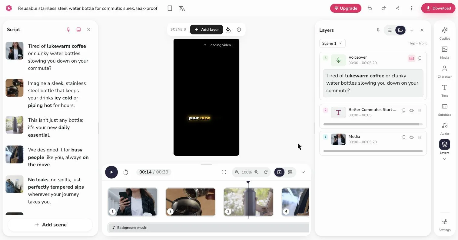 Fliki's video editor showing a real generated video with a scene timeline, layers panel, and the source script broken out by line