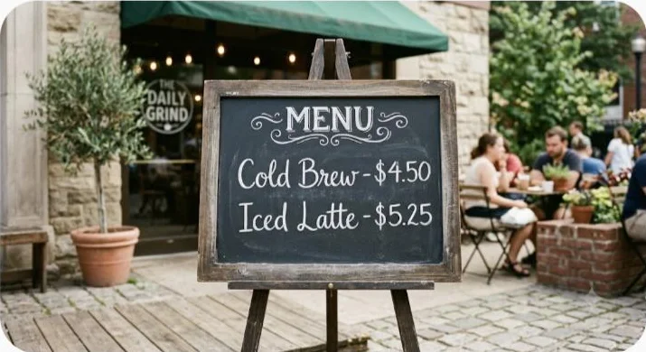 A real Nano Banana Pro generation of a rustic coffee shop chalkboard menu reading 'Cold Brew - $4.50' and 'Iced Latte - $5.25' in correctly spelled chalk lettering