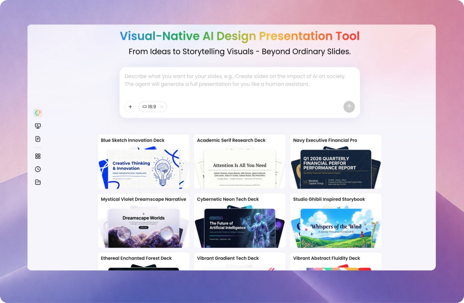 PopAI's actual editor interface showing the prompt box for describing a presentation and a gallery of ready-made slide deck templates