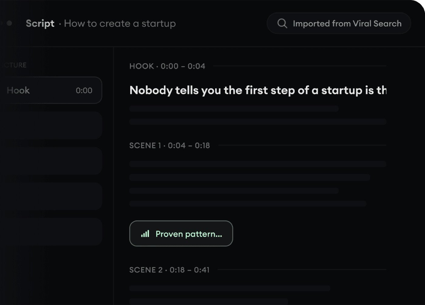 Revid AI's script editor showing a generated video script broken into a hook and timed scenes